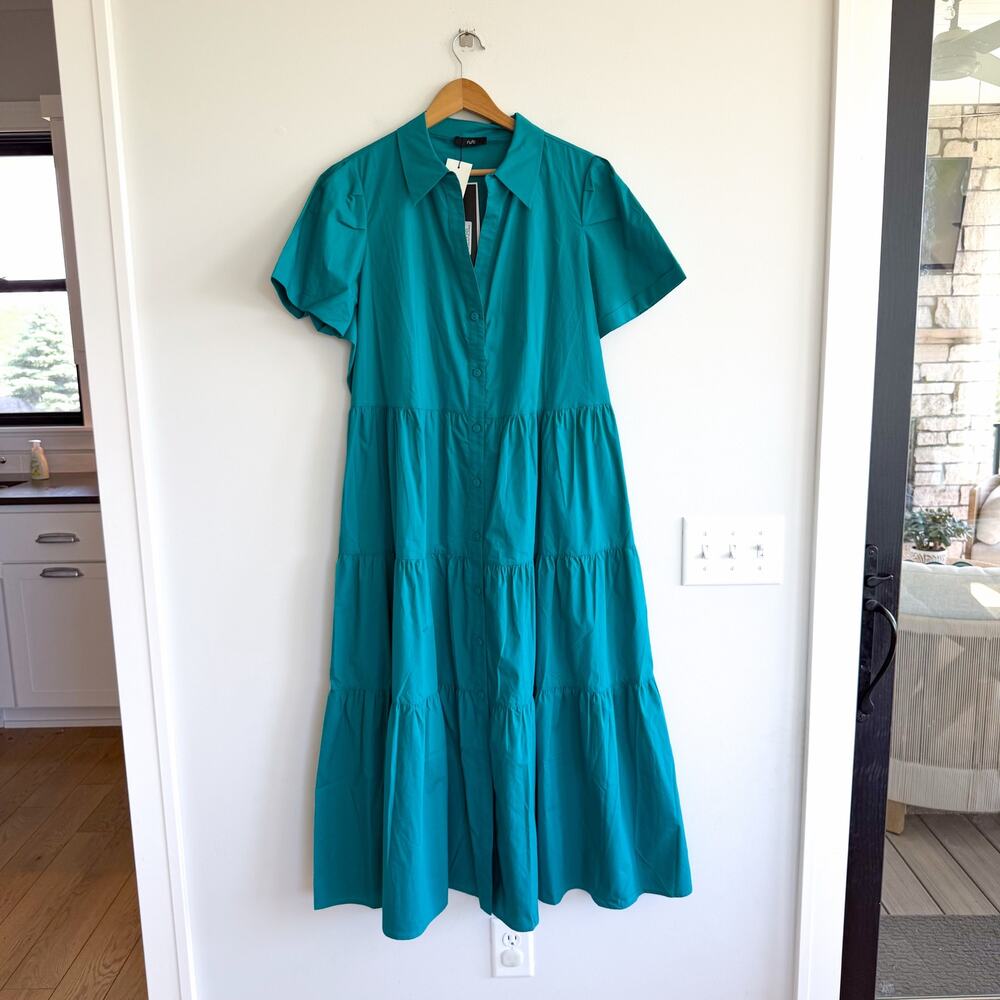 Ruti Breaking Free Long Cotton Short Sleeve Poplin Midi Dress Bright Teal L NWT